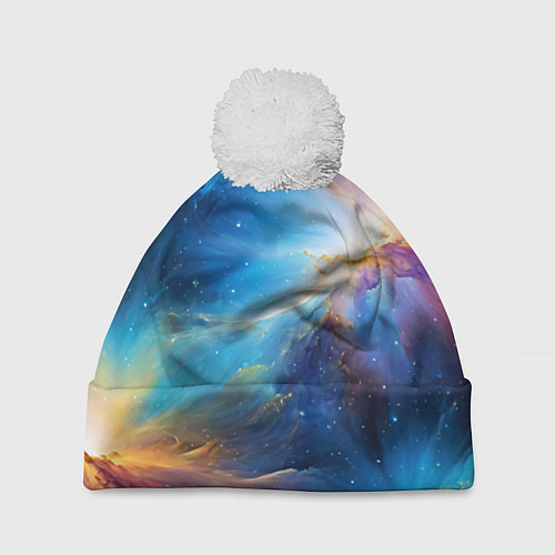 Шапка c помпоном Космический пейзаж - галактики / 3D-Белый – фото 1