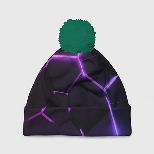 Шапка c помпоном Темные фиолетовые неоновые плиты в разломе / 3D-Зеленый – фото 1