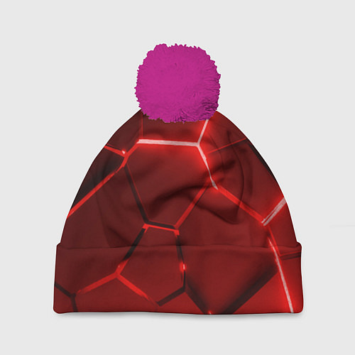 Шапка c помпоном Яркие красные неоновые плиты в разломе / 3D-Малиновый – фото 1