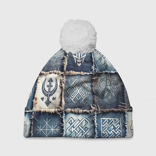 Шапка c помпоном Руны викингов на пэчворк джинсах / 3D-Белый – фото 1