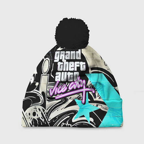 Шапка c помпоном GTA vice city grafiti / 3D-Черный – фото 1