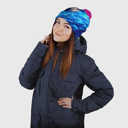 Шапка c помпоном Синяя объемная абстракция со вспышкой / 3D-Малиновый – фото 2