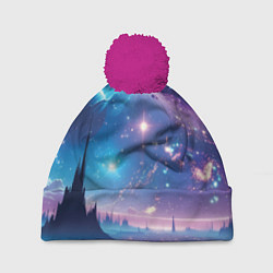 Шапка с помпоном Звездный город в космосе, цвет: 3D-малиновый