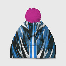 Шапка с помпоном Хаотичная сине-белая абстракция на чёрном фоне, цвет: 3D-малиновый
