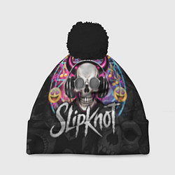 Шапка с помпоном Slipknot на фоне черепа демона с рогами в очках, цвет: 3D-черный