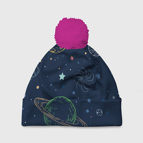 Шапка c помпоном Планеты и созвездия в космосе / 3D-Малиновый – фото 1