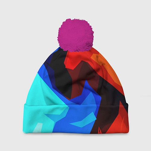 Шапка c помпоном Синий и красный полигоны / 3D-Малиновый – фото 1