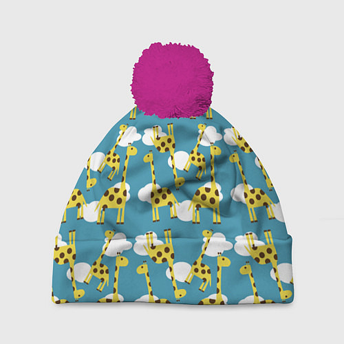 Шапка c помпоном Жирафы в облаках / 3D-Малиновый – фото 1