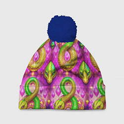 Шапка c помпоном Желто-зеленые змеи паттерн