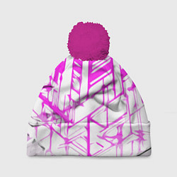 Шапка c помпоном Агрессивные розовые полосы на белом фоне