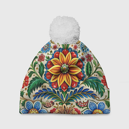 Шапка c помпоном Русские классические узоры и орнамент / 3D-Белый – фото 1