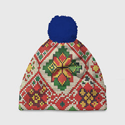 Шапка с помпоном Классические русские узоры и орнамент, цвет: 3D-тёмно-синий