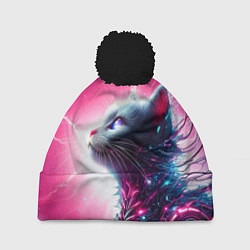 Шапка c помпоном Космический кибер котёнок - неоновое свечение