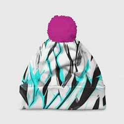 Шапка c помпоном Чёрно-голубые агрессивные полосы на белом фоне