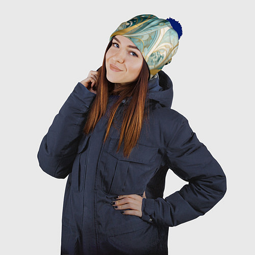 Шапка c помпоном Бирюзовый с белым растительный узор в мягких тонах / 3D-Тёмно-синий – фото 2