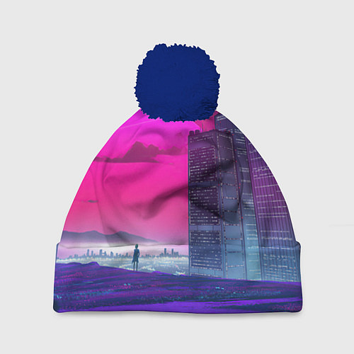 Шапка c помпоном Synthwave неоновый город / 3D-Тёмно-синий – фото 1