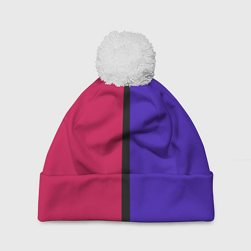 Шапка c помпоном Полосы фуксия, фиолетовый и черный / 3D-Белый – фото 1