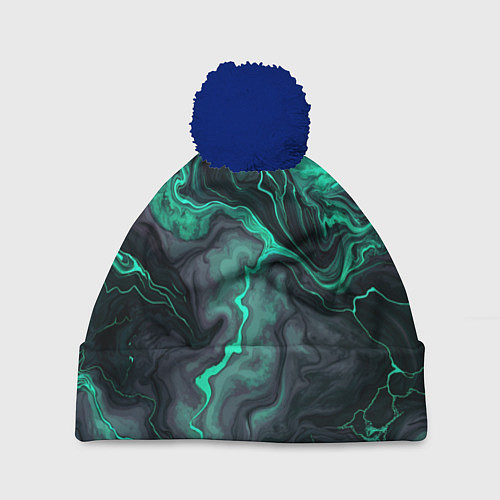 Шапка c помпоном Бирюзовый мрамор на черном фоне / 3D-Тёмно-синий – фото 1