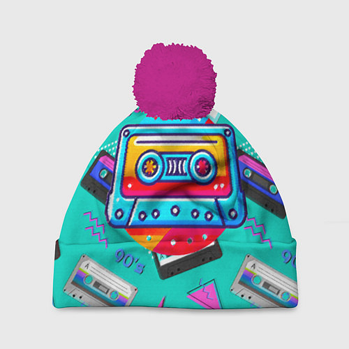 Шапка c помпоном Кассеты и надпись 90s / 3D-Малиновый – фото 1
