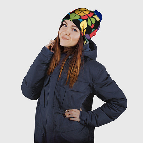 Шапка c помпоном Калейдоскоп на темном фоне / 3D-Тёмно-синий – фото 2