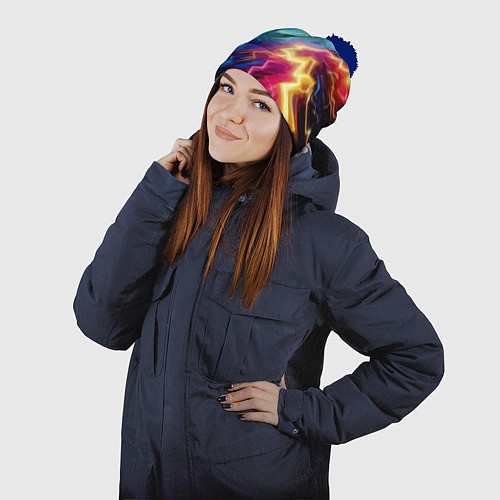 Шапка c помпоном Разряд неоновых молний - нейроарт / 3D-Тёмно-синий – фото 2