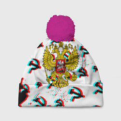 Шапка с помпоном Россия паттерн ссср глитч, цвет: 3D-малиновый