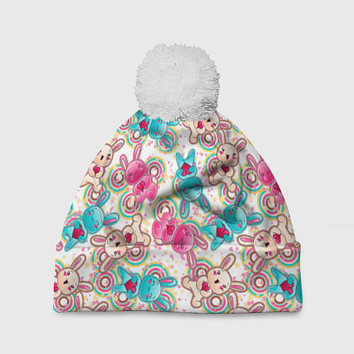 Шапка c помпоном Зайчики цветной паттерн / 3D-Белый – фото 1