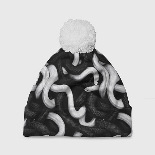 Шапка c помпоном Черные и белые змеи / 3D-Белый – фото 1