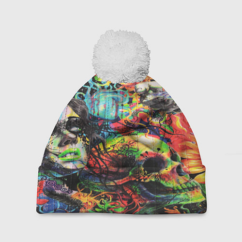 Шапка c помпоном Кислотные рисунки психоделика / 3D-Белый – фото 1
