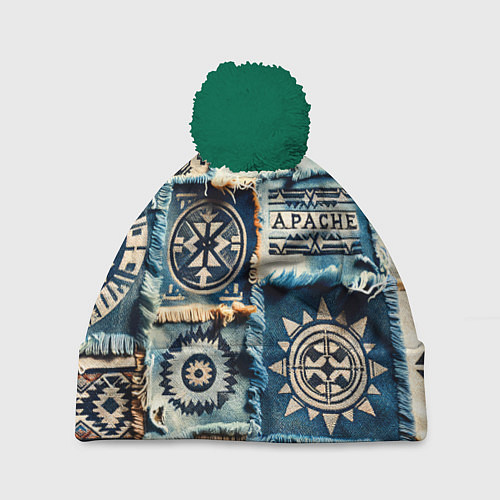 Шапка c помпоном Символы Апачи на пэчворк дениме / 3D-Зеленый – фото 1