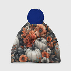 Шапка с помпоном Белые тыква с цветами, цвет: 3D-тёмно-синий