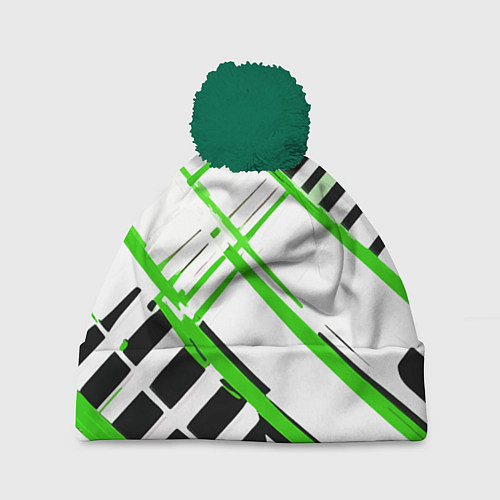 Шапка c помпоном Зелёно-чёрные полосы на белом фоне / 3D-Зеленый – фото 1