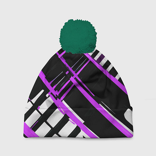 Шапка c помпоном Фиолетово-белые линии на чёрном фоне / 3D-Зеленый – фото 1