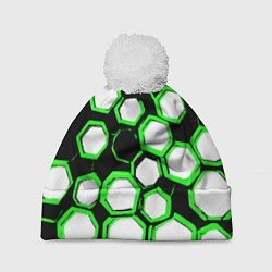 Шапка c помпоном Бело-зелёные шестиугольники на чёрном фоне