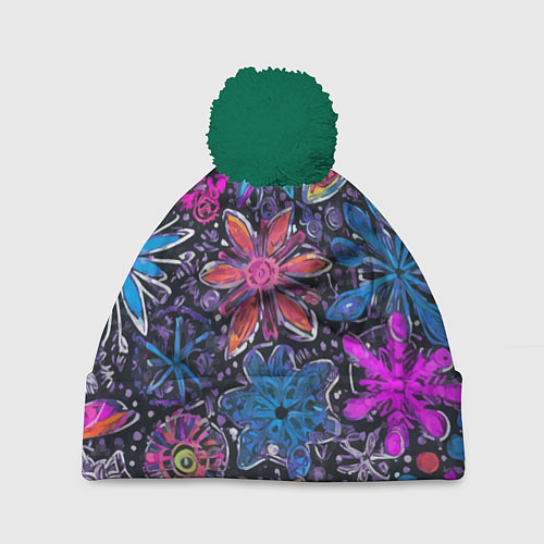 Шапка c помпоном Неоновые абстрактные снежинки / 3D-Зеленый – фото 1