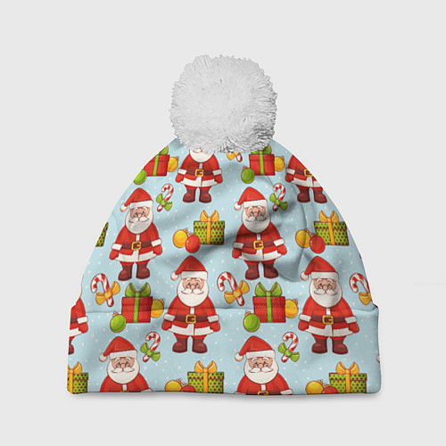 Шапка c помпоном Новогодний паттерн с Сантой и подарками / 3D-Белый – фото 1