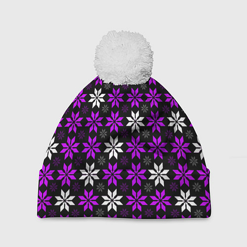 Шапка c помпоном Бело-фиолетовые звёзды на чёрном фоне / 3D-Белый – фото 1