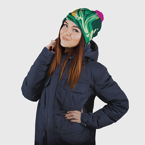 Шапка c помпоном Абстрактные полосы в зелёных тонах / 3D-Малиновый – фото 2