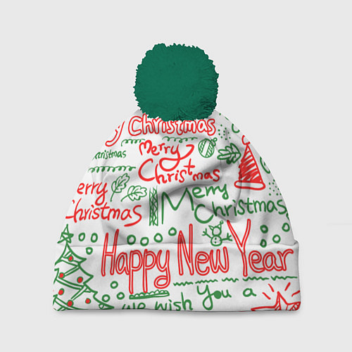 Шапка c помпоном Новогодняя атмосфера merry christmas / 3D-Зеленый – фото 1