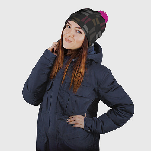 Шапка c помпоном Геометрические фигуры из полос / 3D-Малиновый – фото 2