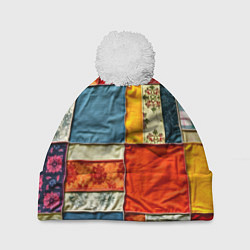 Шапка с помпоном Пэчворк из ярких тканей, цвет: 3D-белый