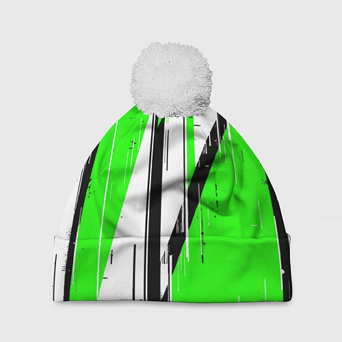 Шапка c помпоном Black and white vertical stripes on a green backgr / 3D-Белый – фото 1