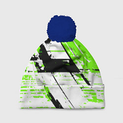 Шапка c помпоном Diagonal black and green stripes on a white backgr