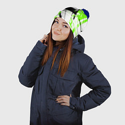 Шапка с помпоном Diagonal black and green stripes on a white backgr, цвет: 3D-тёмно-синий — фото 2