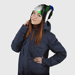 Шапка с помпоном Диагональные зелёно-чёрные линии на белом фоне, цвет: 3D-тёмно-синий — фото 2