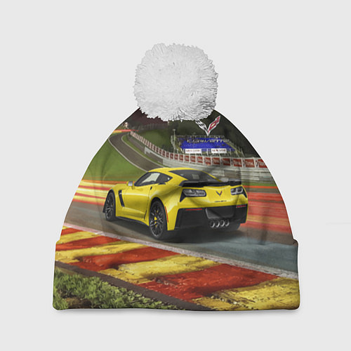 Шапка c помпоном Chevrolet Corvette на гоночной трассе / 3D-Белый – фото 1