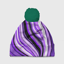 Шапка с помпоном Волнистые вертикальные чёрно-фиолетовые полосы, цвет: 3D-зеленый