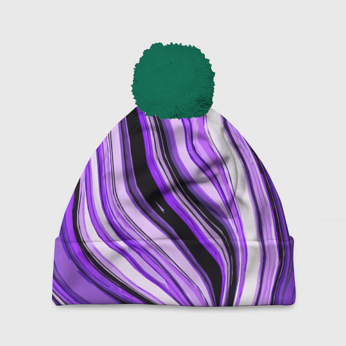 Шапка c помпоном Волнистые вертикальные чёрно-фиолетовые полосы / 3D-Зеленый – фото 1