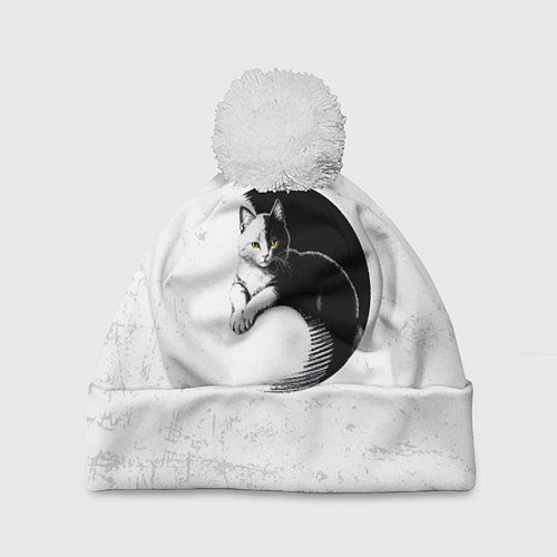 Шапка c помпоном Кот инь ян / 3D-Белый – фото 1