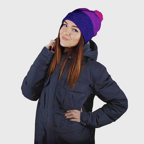 Шапка c помпоном Фиолетовый синий узор с абстрактными линиями / 3D-Малиновый – фото 2
